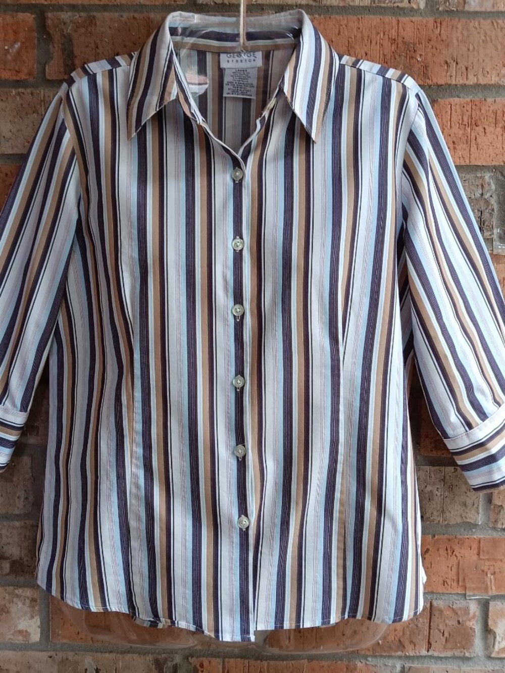 George Womens Striped Stretch Top Blouse Shirt Button Front 3/4 Sleeves Size M
